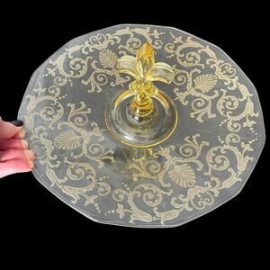 Vintage Fostoria Versailles Yellow Topaz Etched Glass Tidbit Handle Server Tray